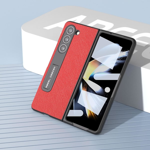 För Samsung Galaxy Z Fold5 5g Kickstand Vikbart phone case Cross Texture Kohud Läder+PC cover Red