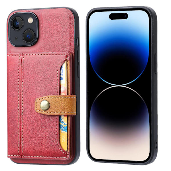 För Iphone 15 Calf Texture Korthållare Kickstand Phone case Pu Läderbelagd Tpu Anti-fall Cover Red