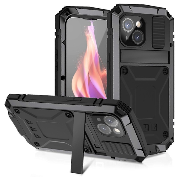 R-JUST Til iPhone 15 Plus PC+Silikone+Metal Telefon Cover Stativ med Hærdet Glas Film Multicolor Style A