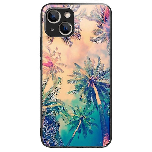 För iPhone 15 Plus Härdat Glas Skal TPU Kant Telefonskydd Multicolor Tree