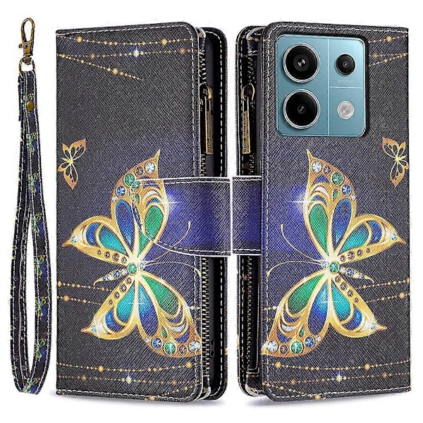 BF03 Mönstrat Fodral med Dragkedja i PU-läder för Xiaomi Redmi Note 13 Pro 4G/Poco M6 Pro 4G Multicolor Rhinestone Butterfly