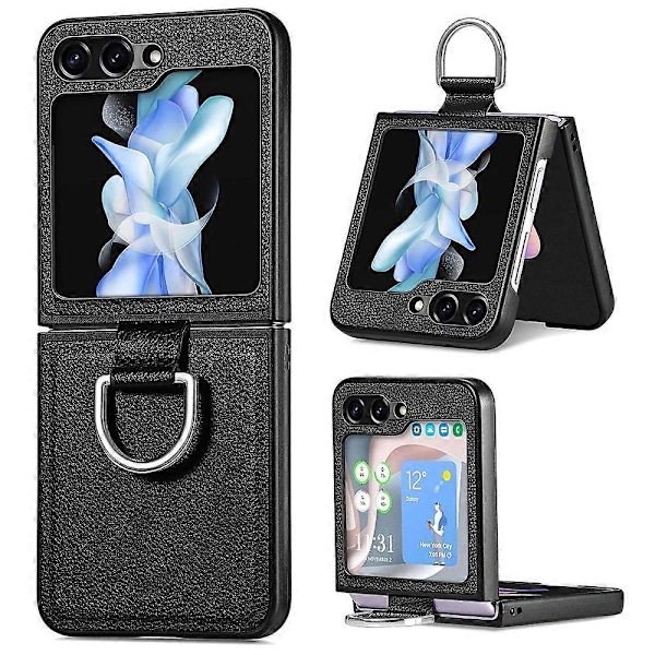Til Samsung Galaxy Z Flip5 5G Støtteben Telefon Cover Læder+Hård PC Beskyttelses Cover