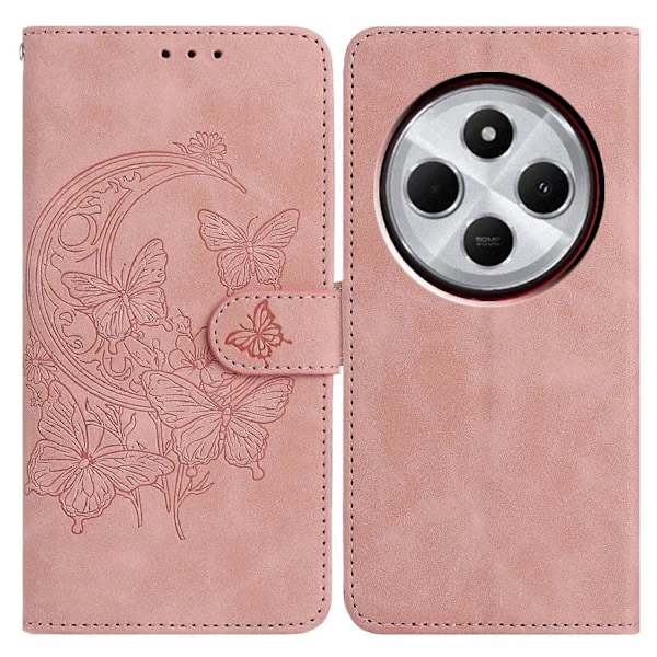 PU Læder Etui Til Xiaomi Redmi 14C 4G/ Redmi A3 Pro 4G/ Poco C75 4G Sommerfugl Blomst Præget Wal Multicolor Rose Gold