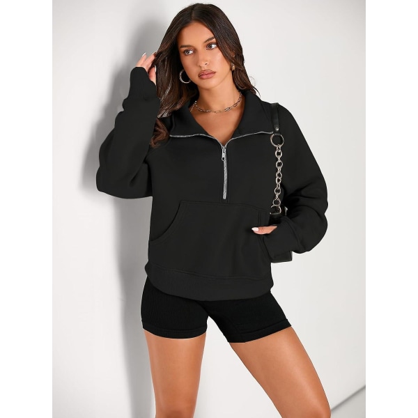 Damtröjor Halv dragkedja Cropped Pullover Fleece Quarter Zipper Huvtröjor Höstkläder Kläder Tumhål Black X-Large