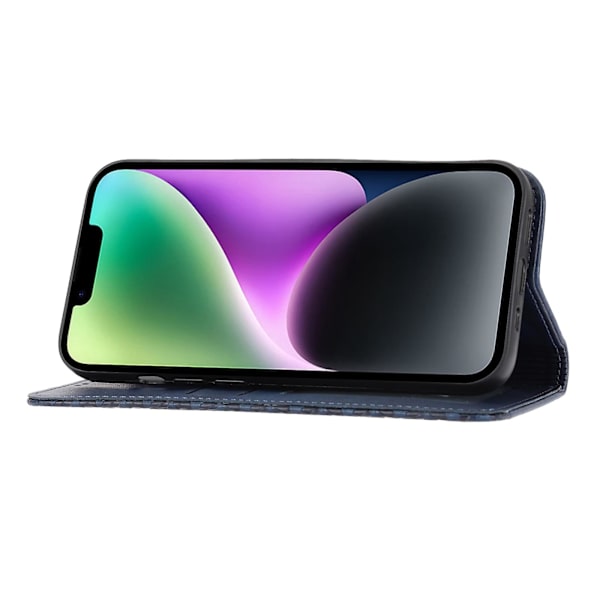 Til Iphone 14 Anti-ridse Kalvetekstur Magnetisk Tegnebog Pu Læder Etui Præget Rombe Mønster Stå Cover Med Rem Blue