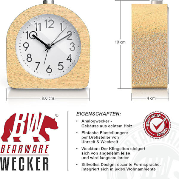 Analog Vækkeur Uden Tikken - Halvcirkelformet - Lyst Træ - Retro Design - Lydløs - Rejsevækkeur - Snooze Funktion