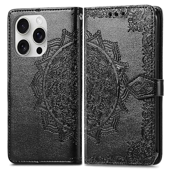 Til iPhone 16 Pro Max Wallet Case Mandala Blomst Læder Telefon Cover Stativ View-Grøn Multicolor Black