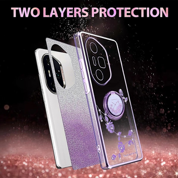KADEM Honor 300 Ultra -kotelo, rengaspidike, TPU, kukkia, puhelinkuori, liukuväri, glitter Multicolor Purple