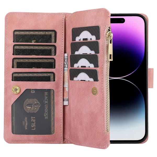 Til iPhone 16 Pro Max Case TPU+PU Læder Lynlås Lommepung Telefon Cover med Håndledsrem Multicolor Style E