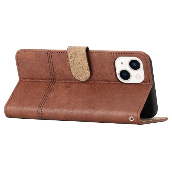 Læder Wallet Case til iPhone 15, Linje Præget Ko Læder Tekstur Stand Telefon Cover Coffee