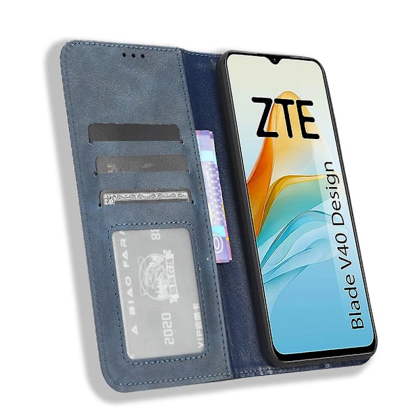 För Zte Blade V40 Design Pu Läderställ Phone Case Retro Cover Blue