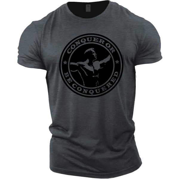 Gymtier Bodybuilding T-shirt för män - Arnold Schwarzenegger Conquer - Gym Training Top Grey L