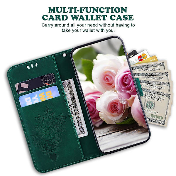 Til Samsung Galaxy S23 Fe Stødsikkert Wallet Case Rose Præget Læder Stand Telefon Cover Green