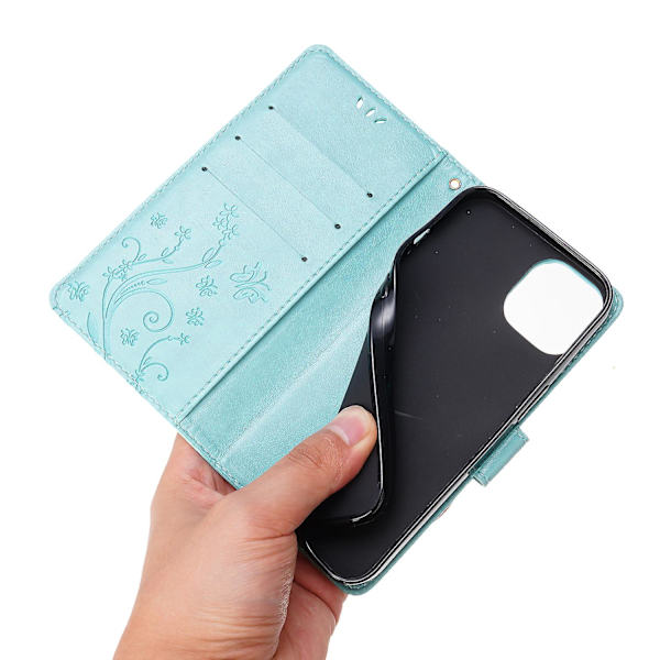 För Iphone 15 Plus Pu Läder Cover Phone case Imprinted Butterflies Shell Stand with rem Baby Blue