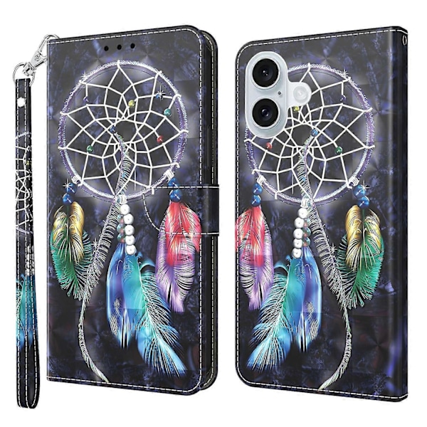Skal till iPhone 16 Plus med Ställ, Mönstertryck, Läderfodral - Stående Katt Multicolor Dream Catcher