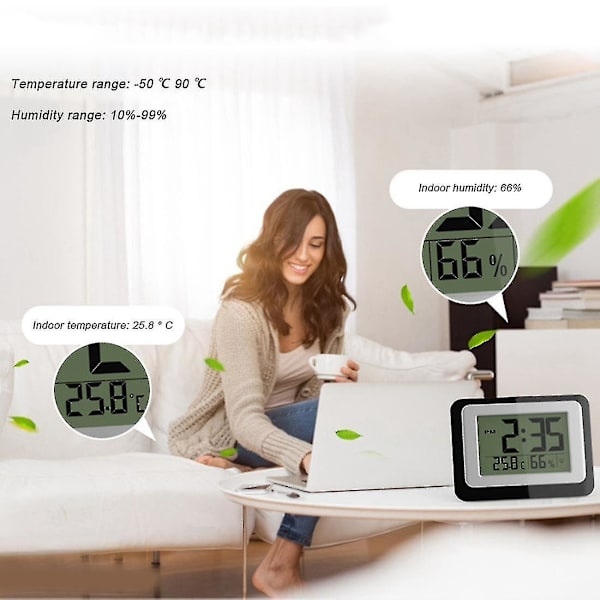 Multifunktionelt Termometer Hygrometer Automatisk Elektronisk Temperatur Fugtigheds Monitor Ur 13,7 cm