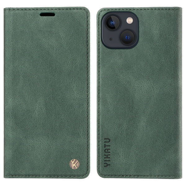 Ihonmyötäinen suojakotelo iPhone 15 Plus -puhelimelle PU-nahasta, lompakko ja jalusta Green