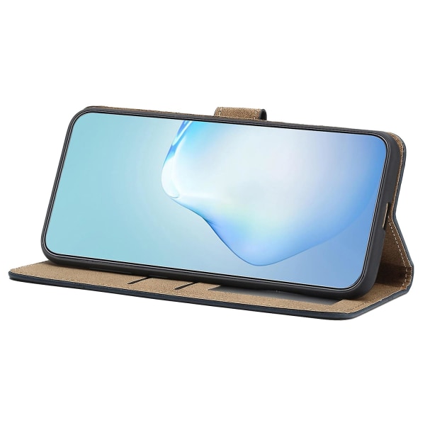 Læder Wallet Case til iPhone 15, Linje Præget Ko Læder Tekstur Stand Telefon Cover Blue
