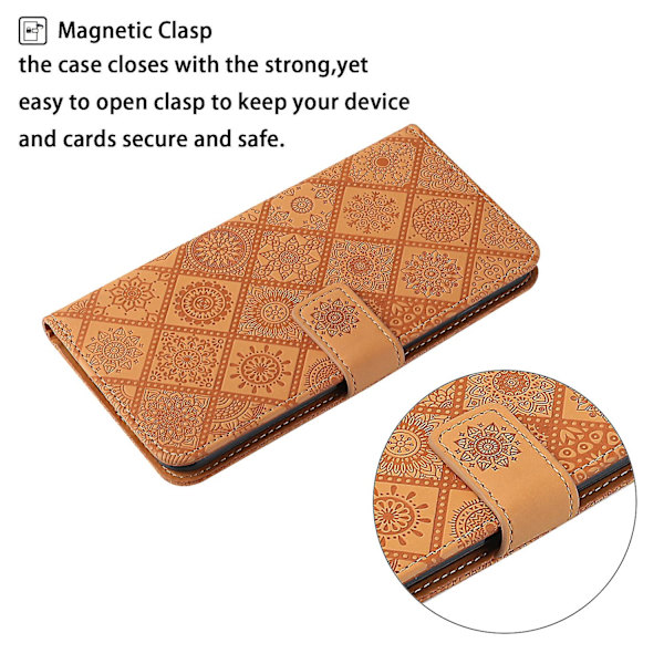 Læder Wallet Case til iPhone 15 Pro, Præget Blomster Folio Flip Stand Telefon Cover Brown
