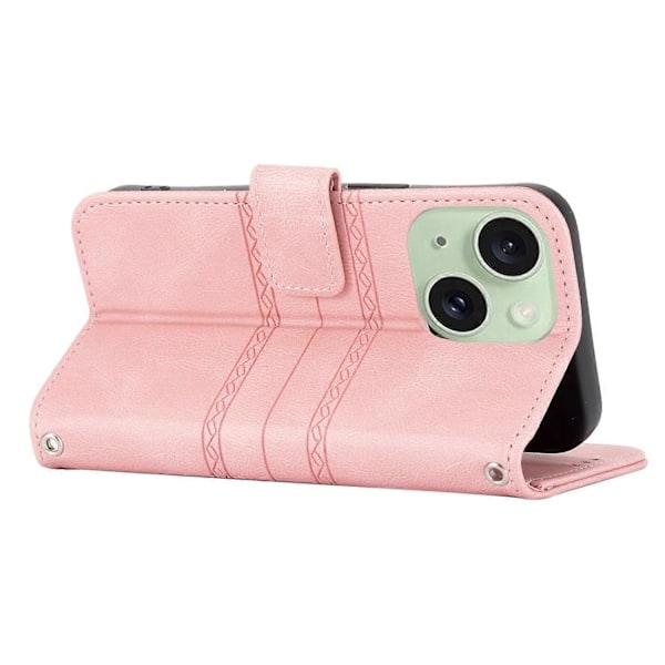 För iPhone 15 Plus Skal Präglat PU Läder Plånbok Anti-fall Telefonskydd med Rem Multicolor Style A