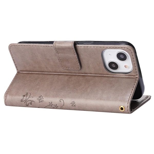 För Iphone 15 Plus Pu Läder Cover Phone case Imprinted Butterflies Shell Stand with rem Grey