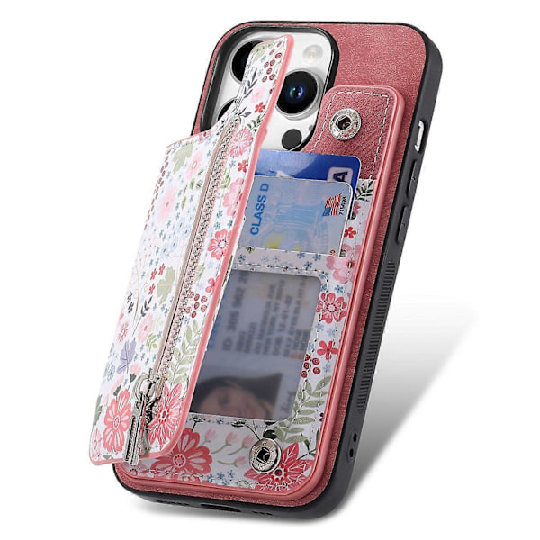 D10 Fodral för iPhone 16 Pro Max Mönster Ställ Plånbok Läder+TPU Telefonskal RFID-skydd - Grön Multicolor Pink