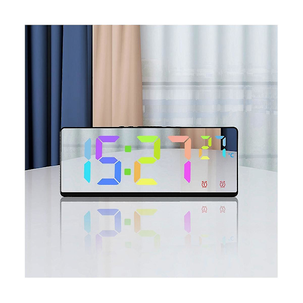 Röststyrning Spegel Väckarklocka Digital temperatur Dubbellarm Snooze Desktop Bordklocka Natt Må Red Light