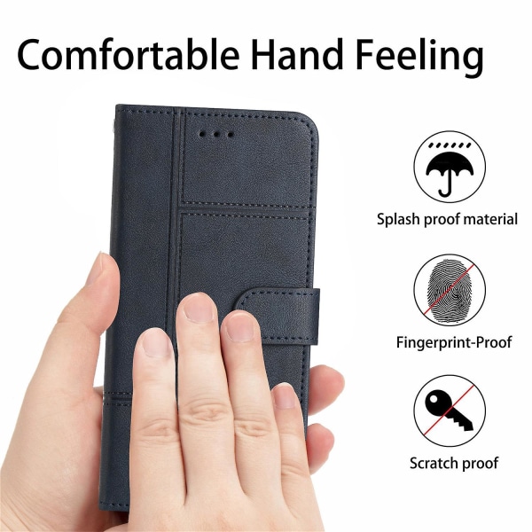 Læder Wallet Case til iPhone 15, Linje Præget Ko Læder Tekstur Stand Telefon Cover Blue
