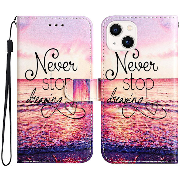 För Iphone 15 Plus Pu Läder Case Mönster Skrivbord Cover Never Stop Dreaming