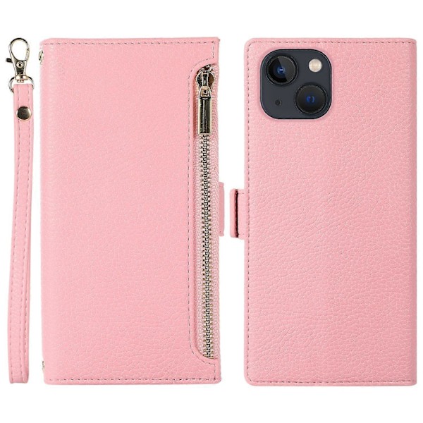 Fodral till iPhone 15 Plus med dragkedjeficka, PU-läder med litchistruktur och rem Multicolor Style A