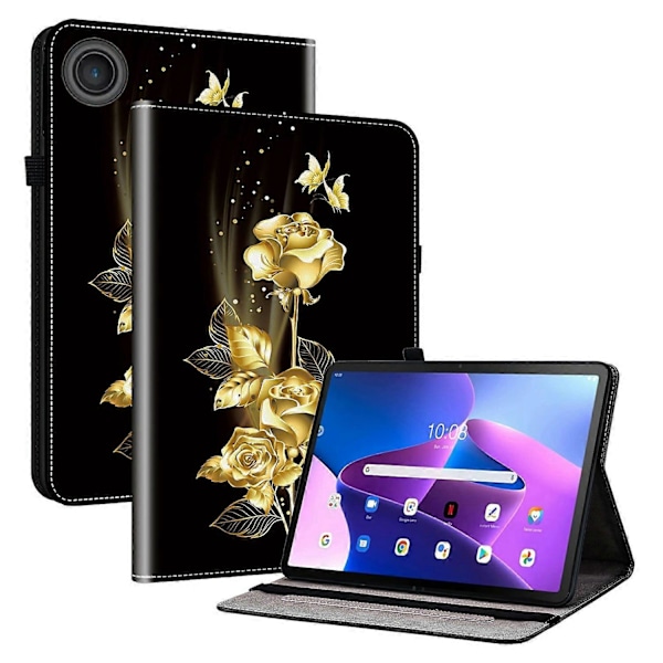 Læderetui med mønster til Lenovo Tab TB311FU, tabletcover med kortlommer og stativ Multicolor Gold Butterfly Rose