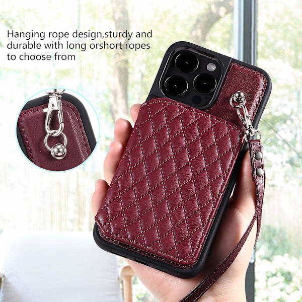 Stötsäkert case för Iphone 15 Pro Rfid Blockering anti-scratch Pu+tpu cover med remmar Wine Red