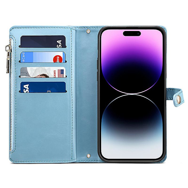 Rfid-blokerende telefoncover til Iphone 15 Pro Max, lynlåslomme Pu-læder Stand Wallet Cover Blue