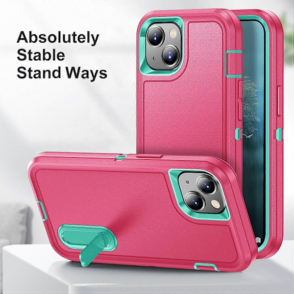 För iPhone 15 Plus PC+TPU Mobilskal Stöttåligt Anti-Fall Mobiltelefonskydd med Ställ Multicolor Style B