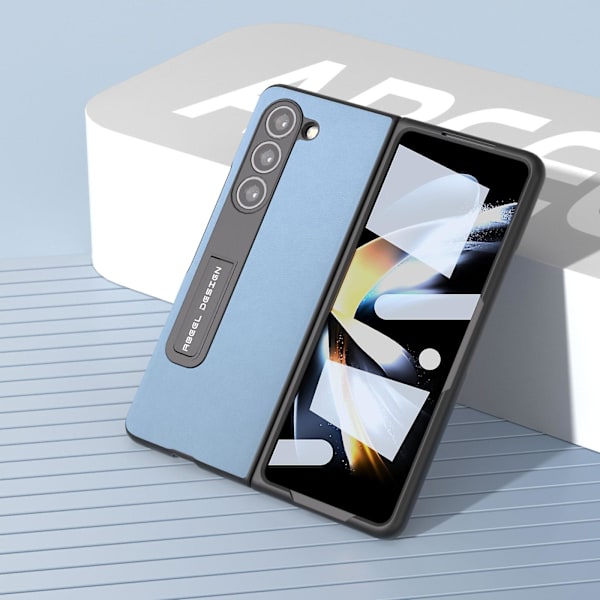 Til Samsung Galaxy Z Fold5 5g Tekstureret Pu Læderbelagt Pc Etui Støtteben Foldbart Telefoncover Blue