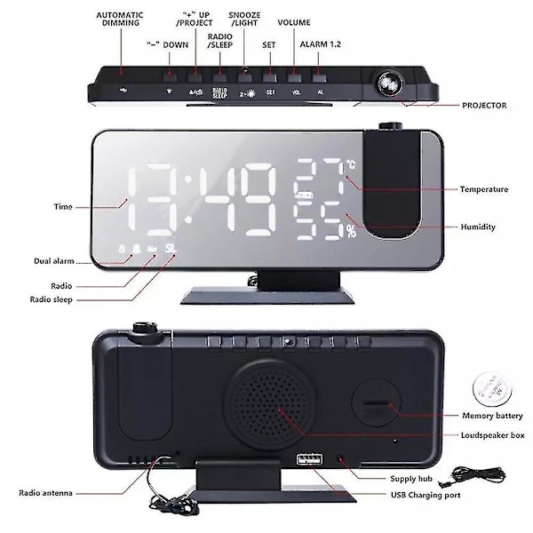 Projektions Vækkeur, Digitalt Vækkeur Med Projektion, Radio Vækkeur Med USB-Tilslutning, Stort LED-Display, Snooze Dobbelt Alarm, Projektion B