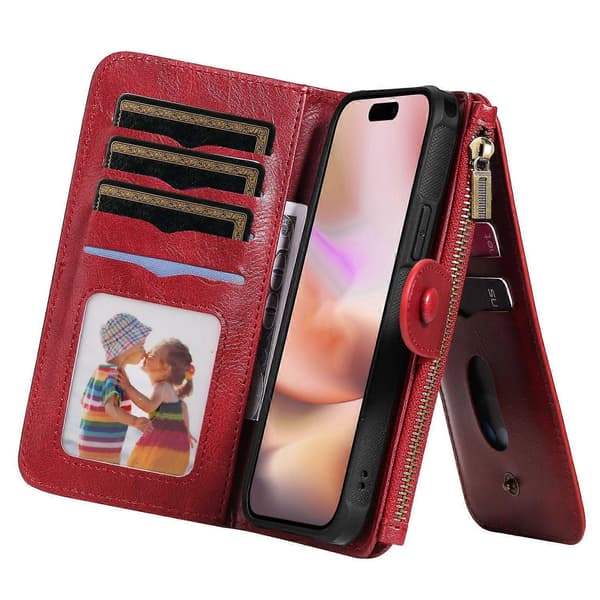 KT Multi-Functional Series-3 Deksel til iPhone 16 Plus PU-Lær Glidelås Lommebok Avtakbart Deksel Multicolor Red