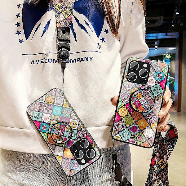 iPhone 16 Pro Max -kotelo, jalusta, etninen kuvio, karkaistu lasinen puhelinkuori hihnalla Multicolor Color Pattern