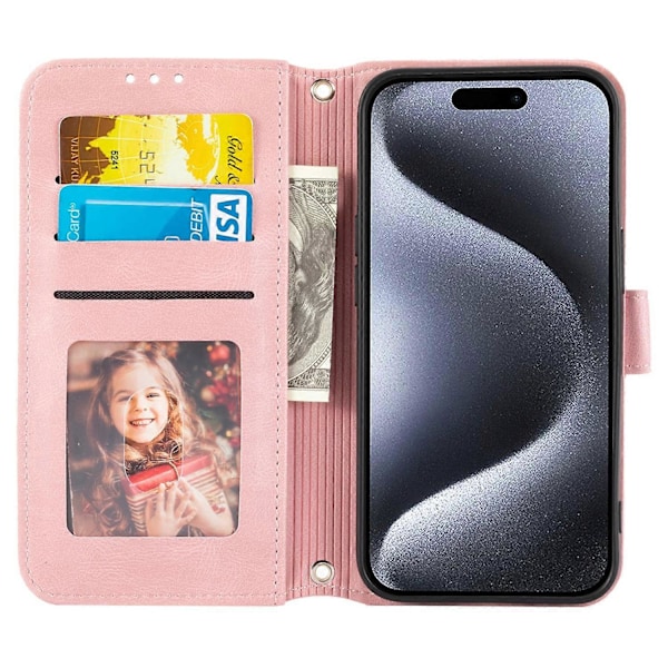 För iPhone 15 Plus Skal Präglat PU Läder Plånbok Anti-fall Telefonskydd med Rem Multicolor Style A