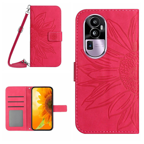 Ht04 Pu Läder Phone case För Oppo Reno10 Pro+ 5g Sunflower Imprint Cover med axelrem Rose