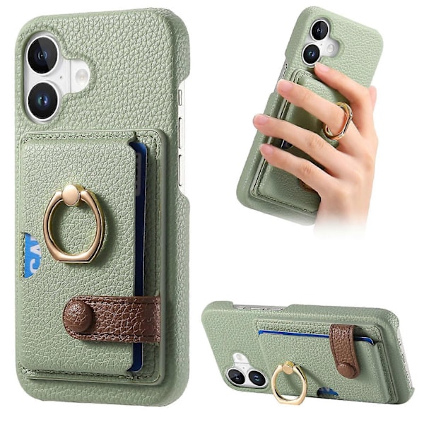 Y2 iPhone 16 Cover med Ringholder, Støttefod, Kortslot, Læder Bagcover - Date Apricot Multicolor Light Green
