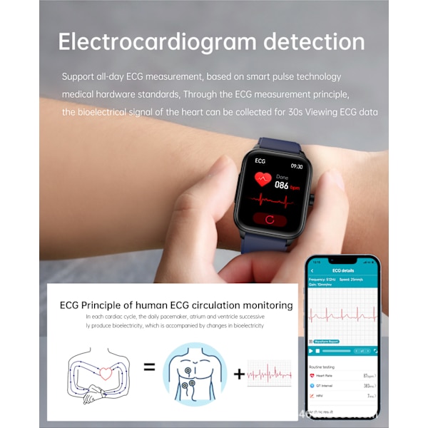 ET540 Watch för vuxen pratar Icke-invasiv glukosmätning Blodsyre Blodtrycks-EKG- watch Black rubber
