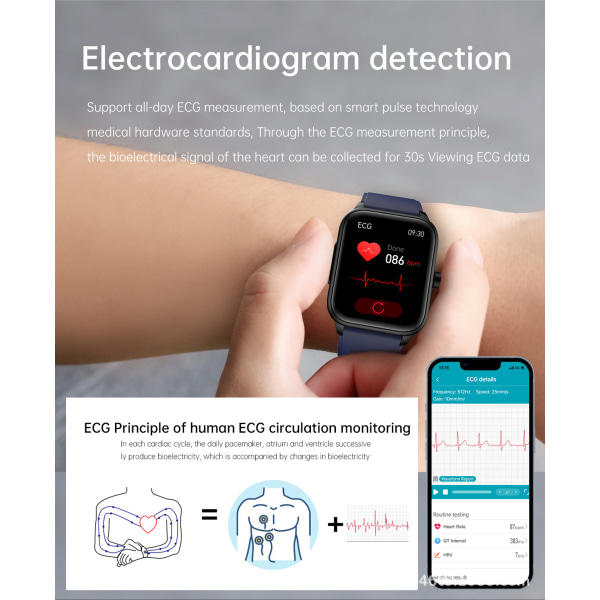 ET540 Watch för vuxen pratar Icke-invasiv glukosmätning Blodsyre Blodtrycks-EKG- watch Blue rubber