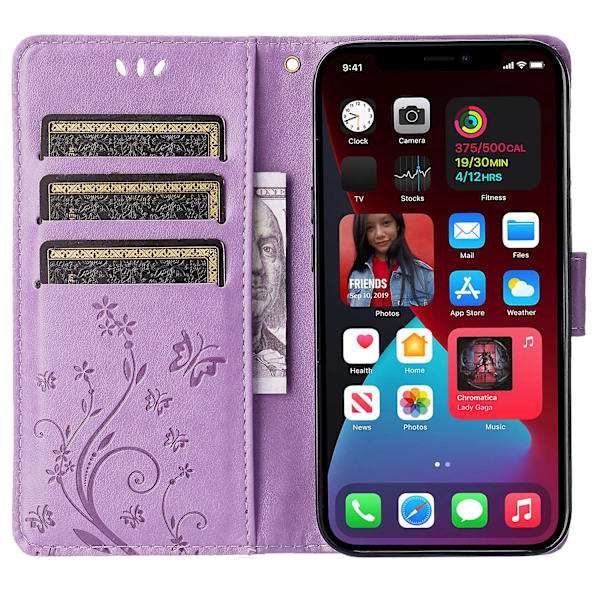 För Iphone 15 Plus Pu Läder Cover Phone case Imprinted Butterflies Shell Stand with rem Light Purple