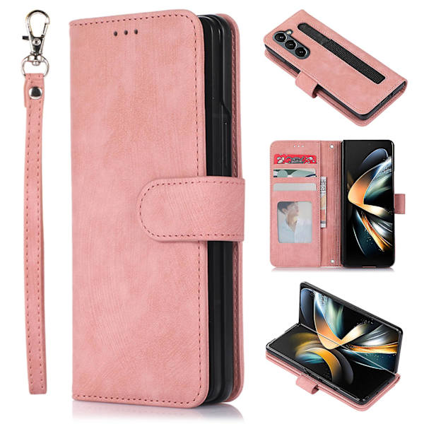 Samsung Galaxy Z Fold5 5G PU-nahka+PC Lompakkokotelo Jalustalla, Pehmeä Suojakuori Rose Gold
