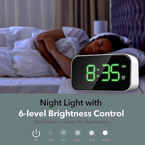 Digitalt Vækkeur Til Soveværelser, Sengelampe Med 6 Lysstyrkeniveauer, Snooze (hvidt Udseende+