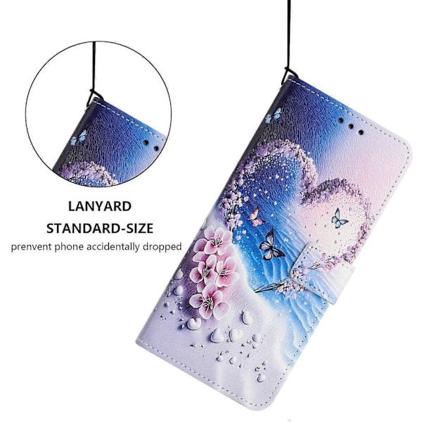 YX-2501 Wallet Case til iPhone 15 Plus/ 14 Plus Mønsterprint PU Læder Telefon Cover med Lanyard Multicolor Heart Butterfly