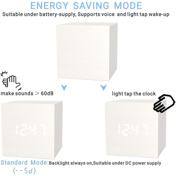 Digital väckarklocka Vit, Micar Wood Led Light Mini Modern Cube Skrivbordsväckarklocka Visar Tid Datum Temperatur För Barn, Sovrum, Hem, Sovsal, T