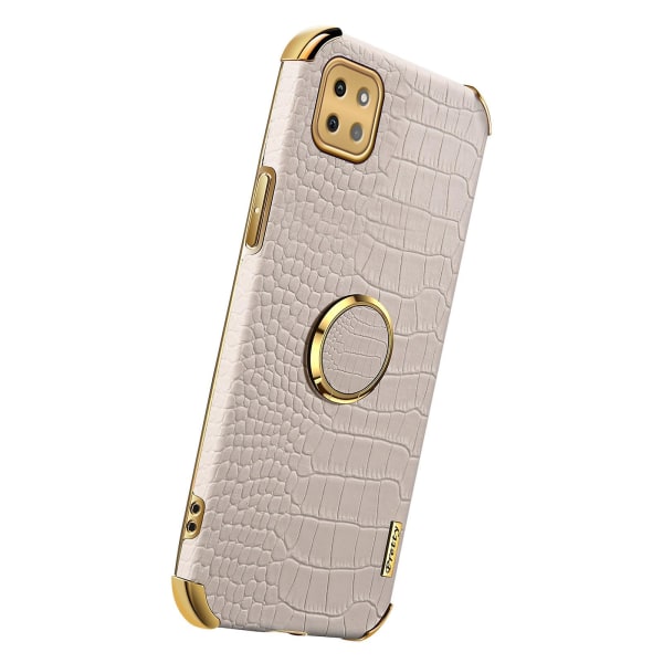 För Samsung Galaxy A22 5g (eu-version) Crocodile Texture Pu-läderbelagd TPU- case Galvaniseringsring Kickstand Cover White