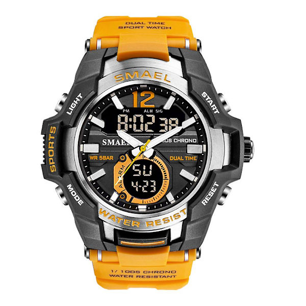 Smael Dual Time Army -urheilukello miehille, valoisa, vedenpitävä kvartsi digitaalinen rannekello herätyskellolla ja LED-taustavalolla sekä kalenterilla 1805 Orange